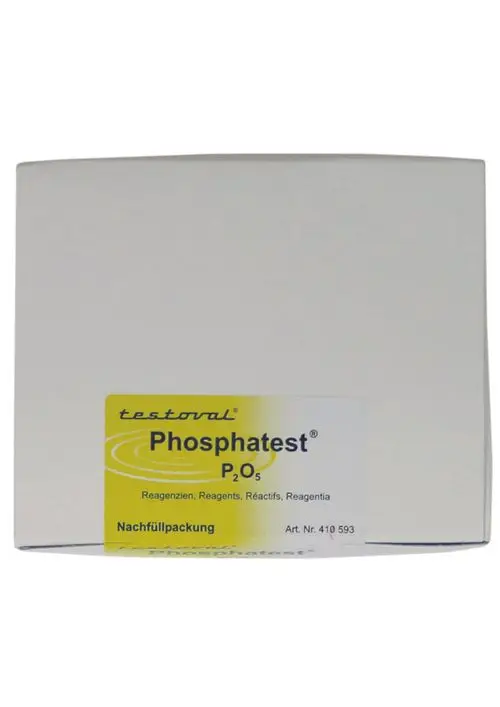 Weißer Karton mit gelbem Etikett, das den Reagenziensatz von Judo für Phosphat enthält. Aufschrift und Artikelnummer auf dem Etikett sichtbar.